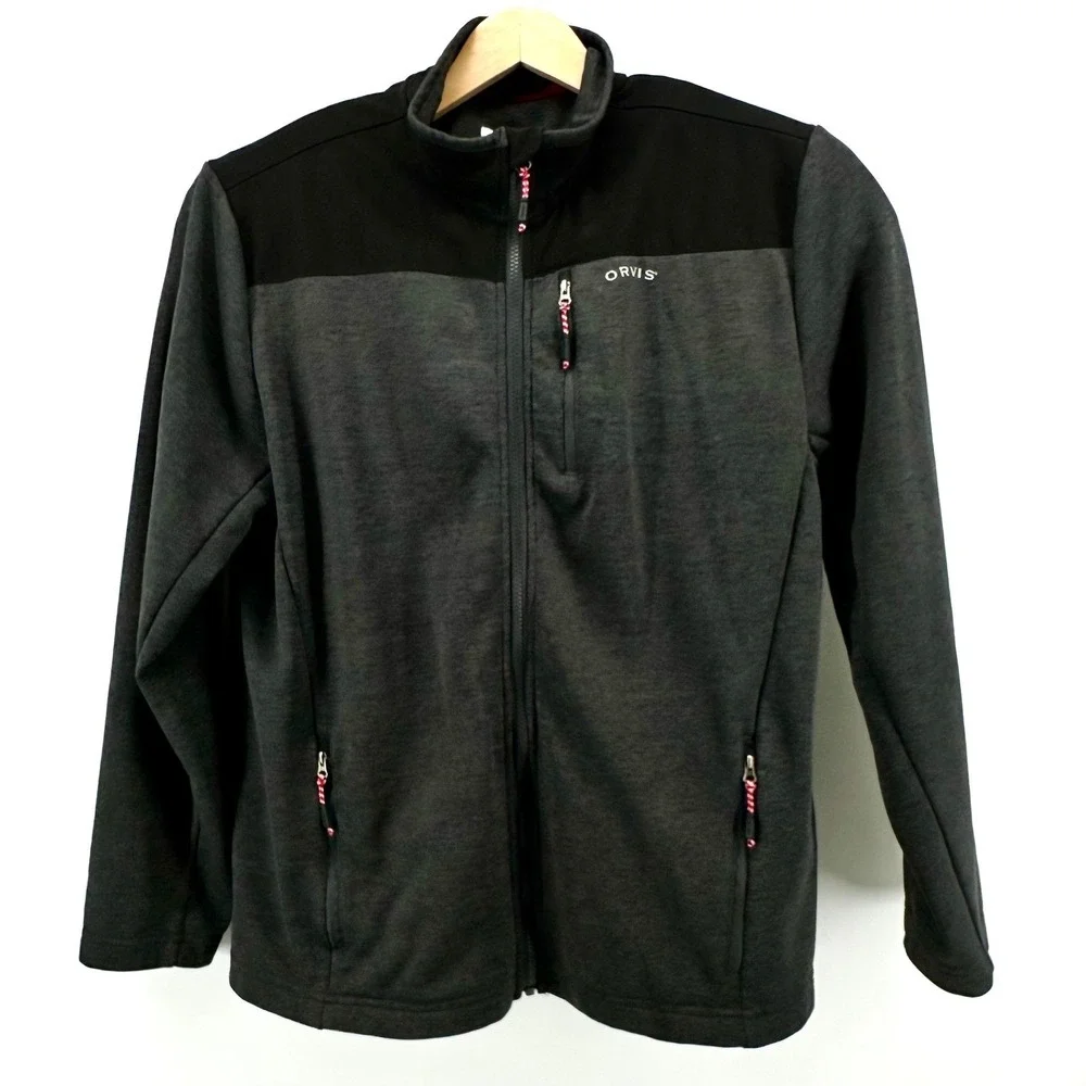 Orvis‎ Mens Large Full Zip Fleece Jacket Charcoal Gray Black Contrast 1522009